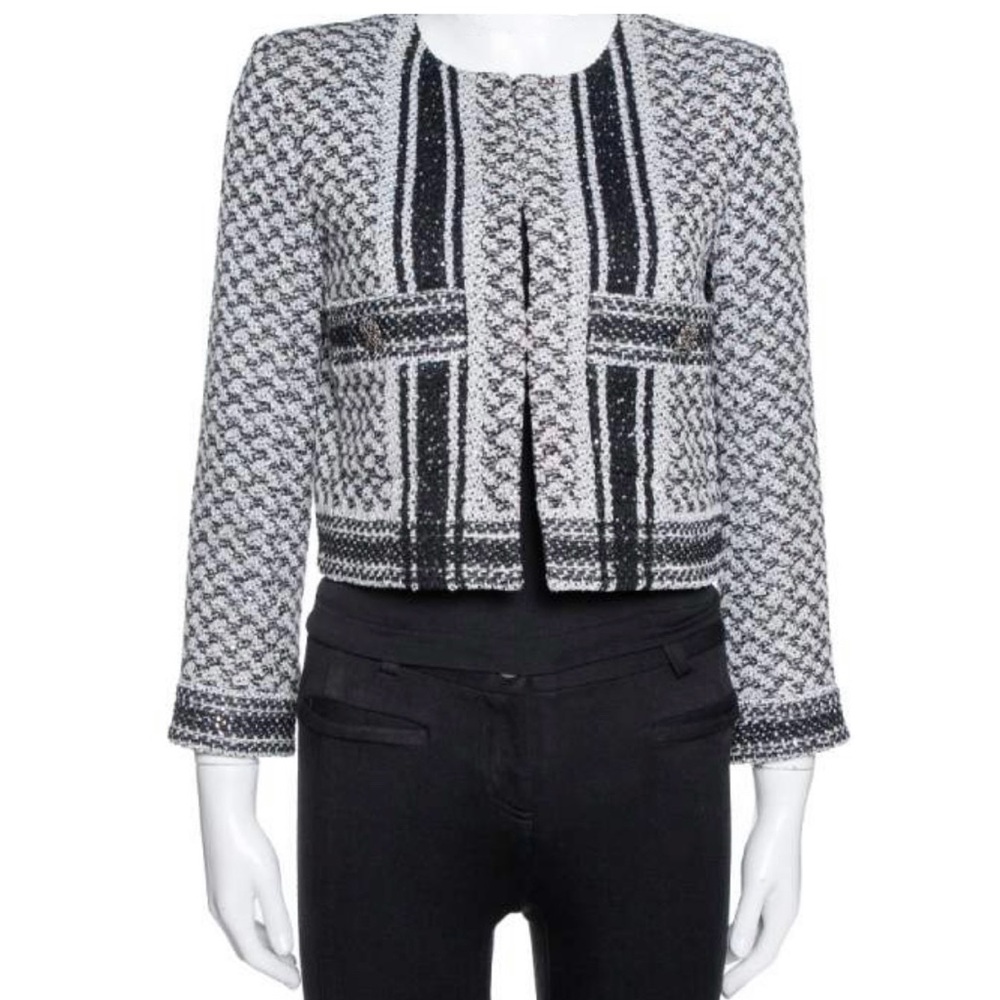 CHANEL Women’s White & Black Tweed 2015 Paris-Dubai Evening Sequin Jacket- EU 38